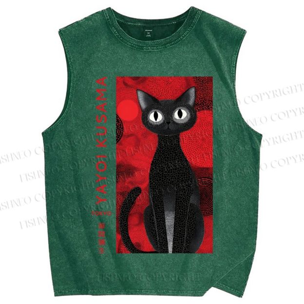 Unisex Yayoi Kusama Black Cat Printed Washed Tank Top