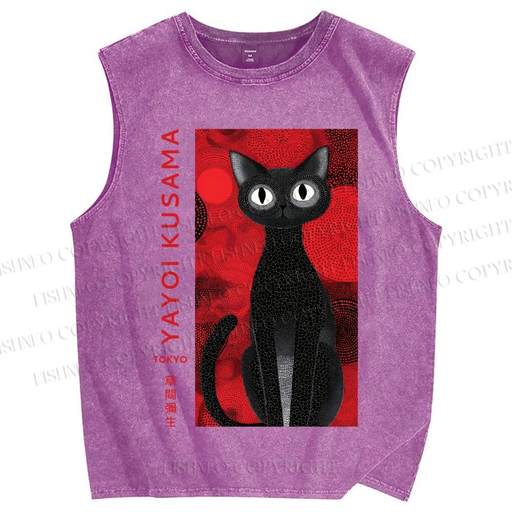 Unisex Yayoi Kusama Black Cat Printed Washed Tank Top