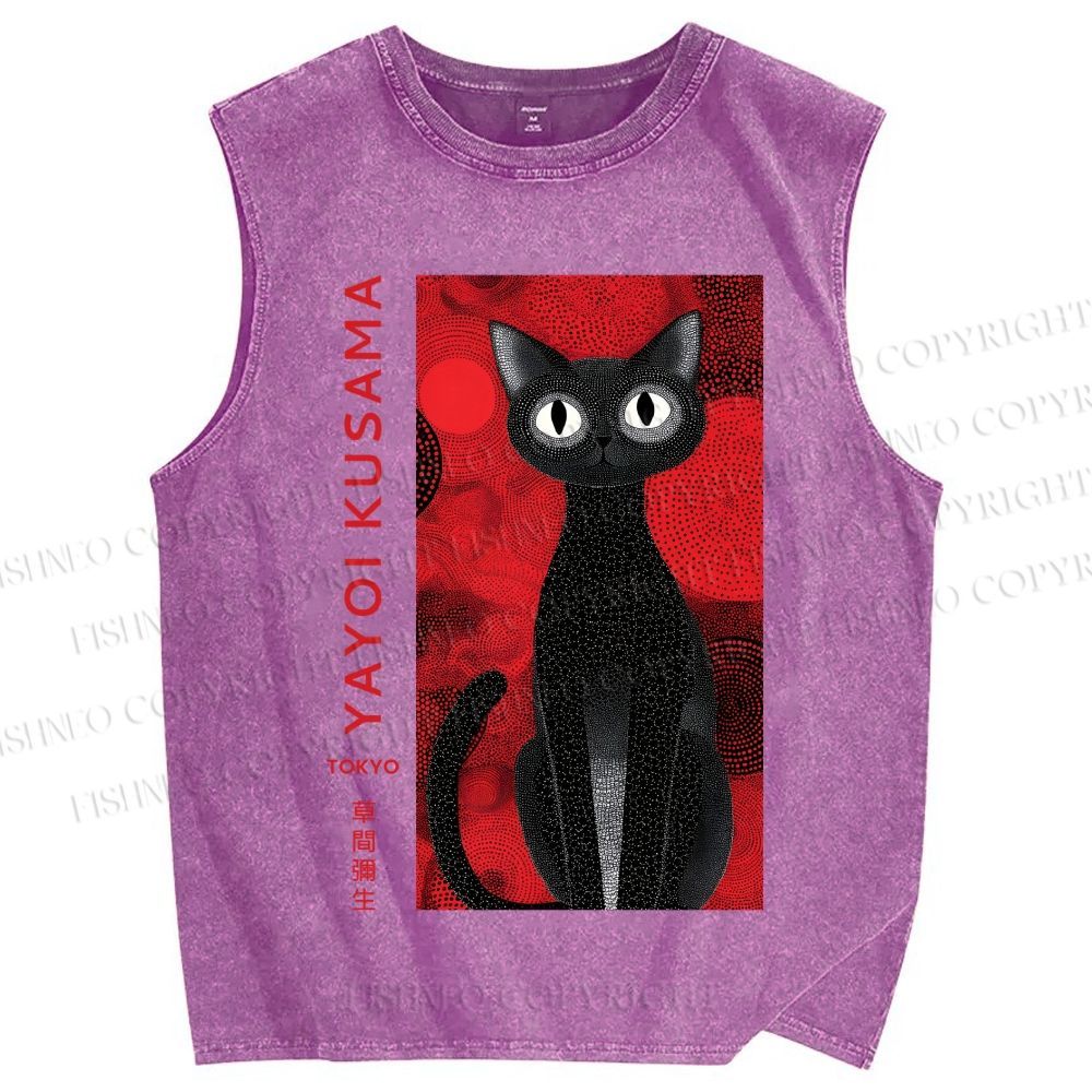 Unisex Yayoi Kusama Black Cat Printed Washed Tank Top