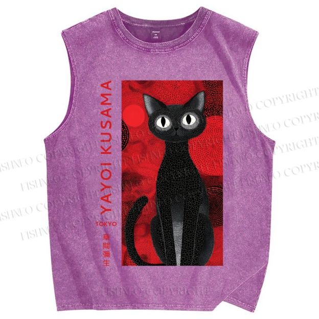 Unisex Yayoi Kusama Black Cat Printed Washed Tank Top