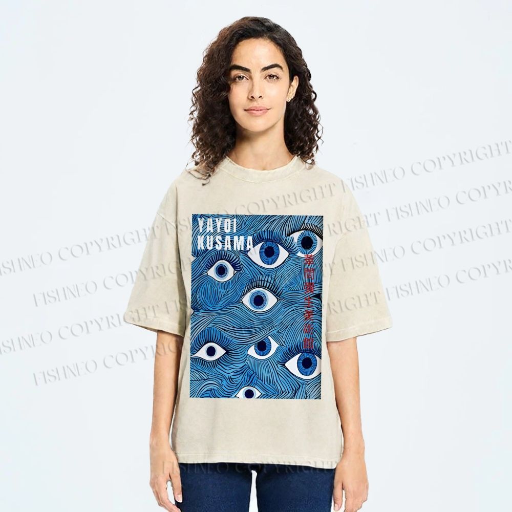 Unisex Yayoi Kusama Blue Eyes Printed Washed Tee