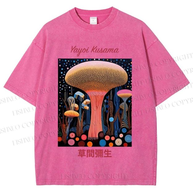 Unisex Yayoi Kusama Polka Dot Mushroom Printed Washed Tee
