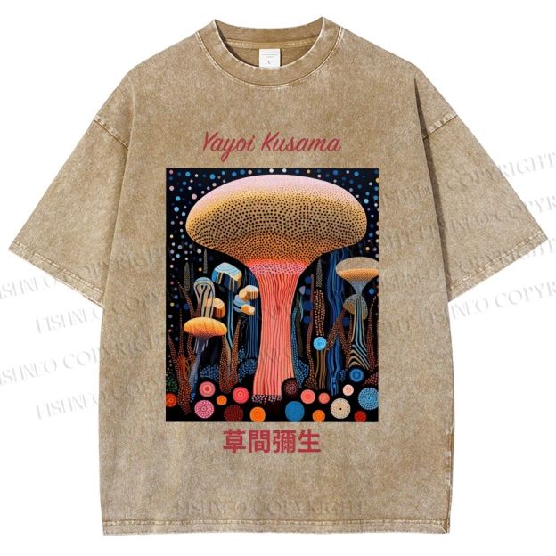 Unisex Yayoi Kusama Polka Dot Mushroom Printed Washed Tee