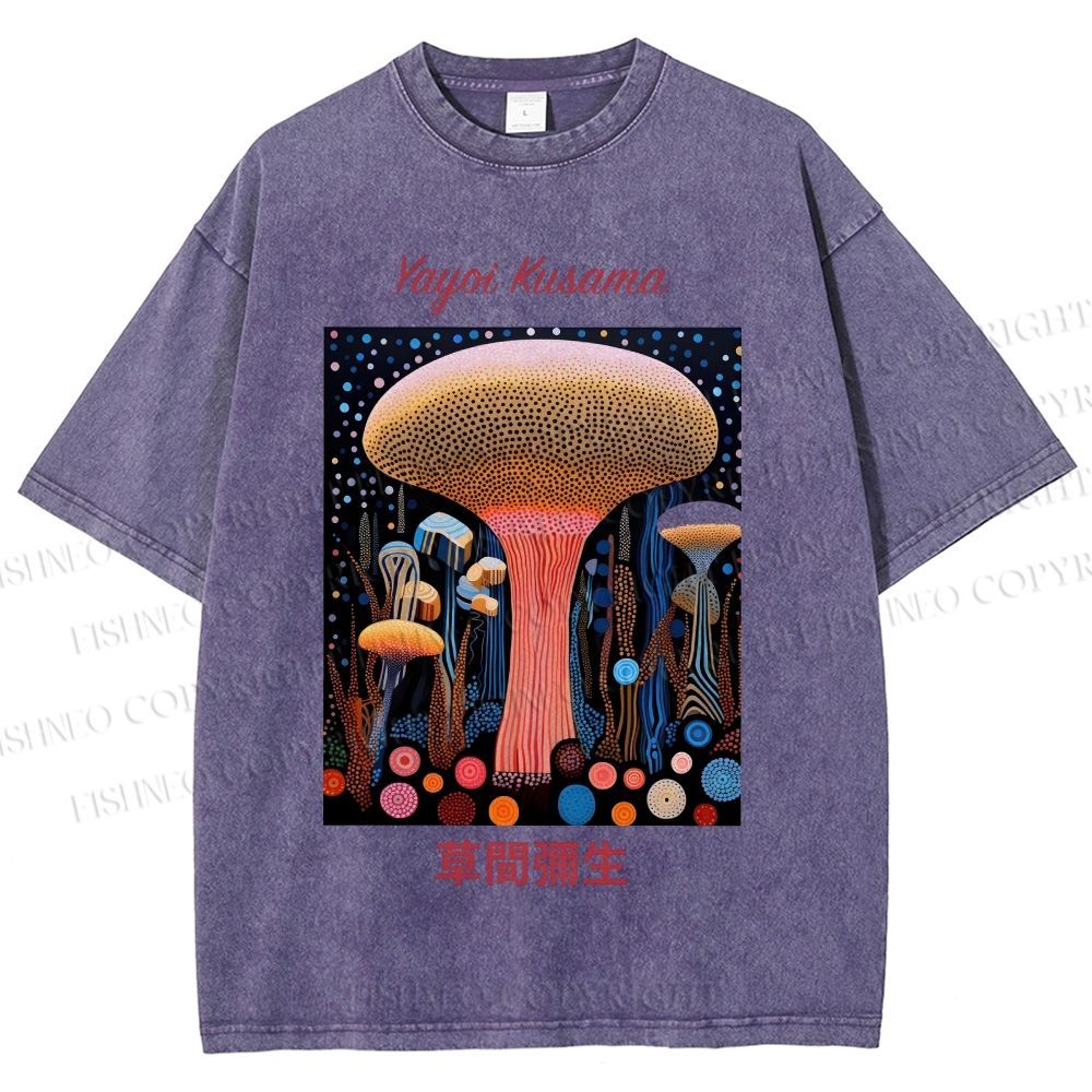 Unisex Yayoi Kusama Polka Dot Mushroom Printed Washed Tee