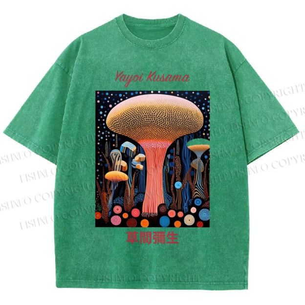 Unisex Yayoi Kusama Polka Dot Mushroom Printed Washed Tee