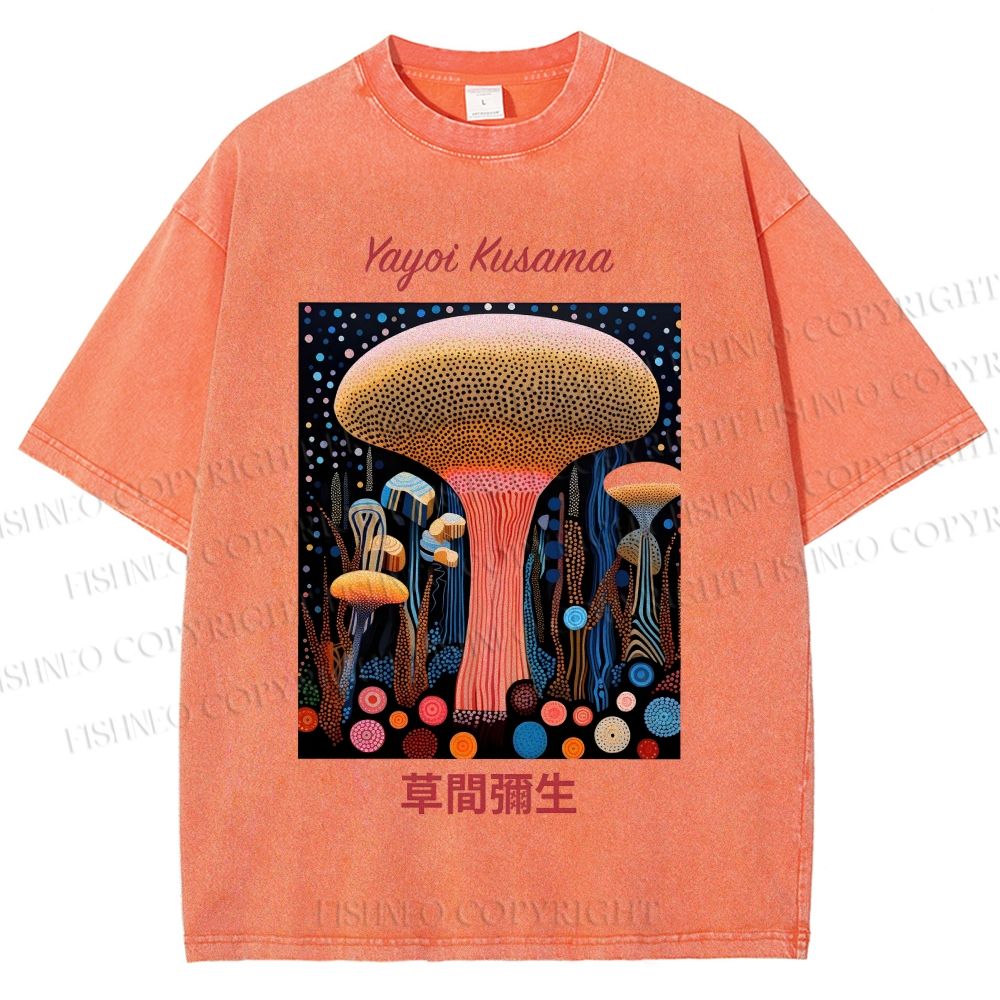 Unisex Yayoi Kusama Polka Dot Mushroom Printed Washed Tee