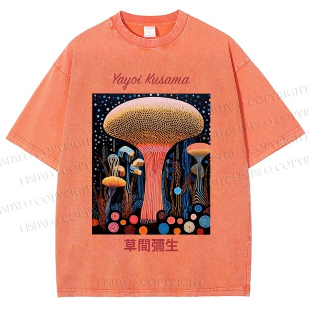 Unisex Yayoi Kusama Polka Dot Mushroom Printed Washed Tee