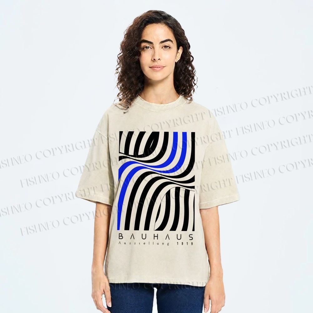 Unisex Bauhaus Geometric Lines Printed Washed Tee