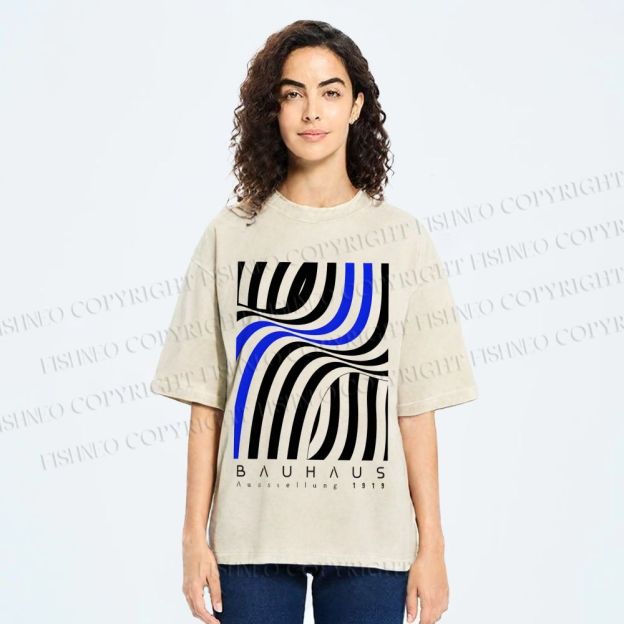 Unisex Bauhaus Geometric Lines Printed Washed Tee