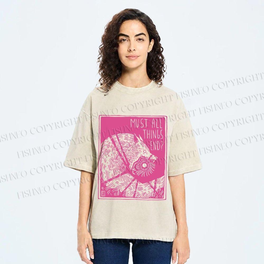 Unisex Funny Wolf Must All Things End? Printed Washed Tee