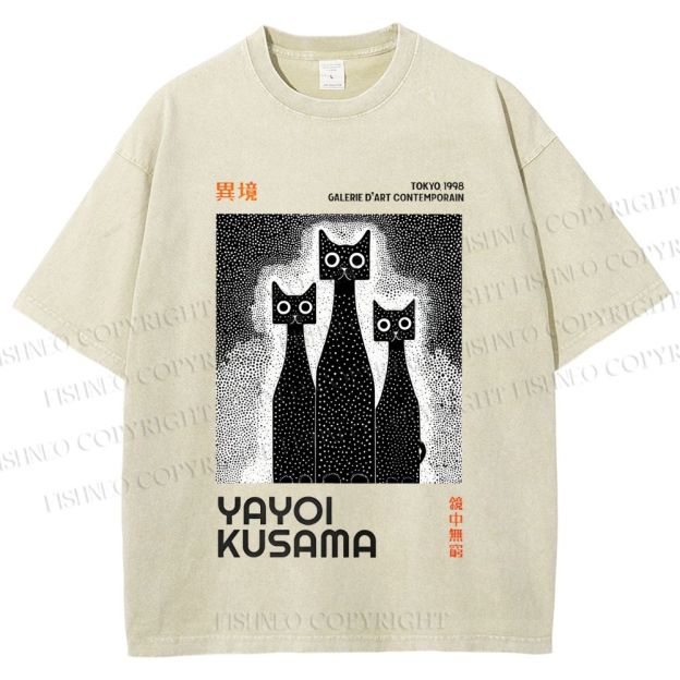 Unisex Yayoi Kusama Cat Printed Washed Tee