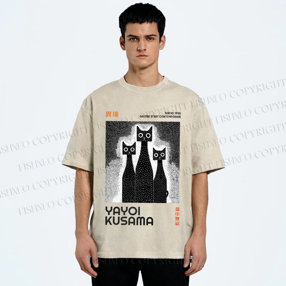 Unisex Yayoi Kusama Cat Printed Washed Tee