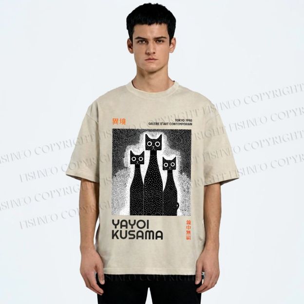 Unisex Yayoi Kusama Cat Printed Washed Tee