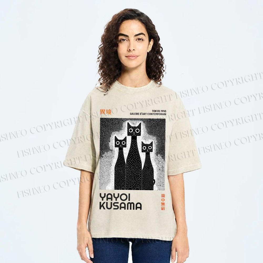 Unisex Yayoi Kusama Cat Printed Washed Tee