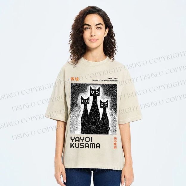Unisex Yayoi Kusama Cat Printed Washed Tee