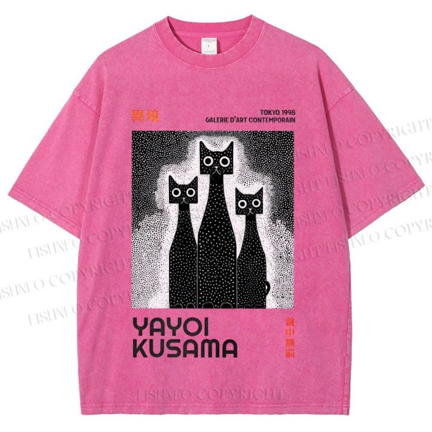 Unisex Yayoi Kusama Cat Printed Washed Tee