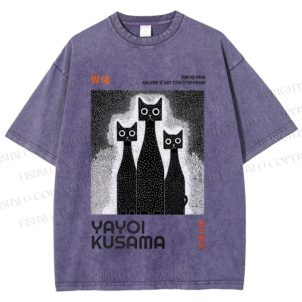 Unisex Yayoi Kusama Cat Printed Washed Tee