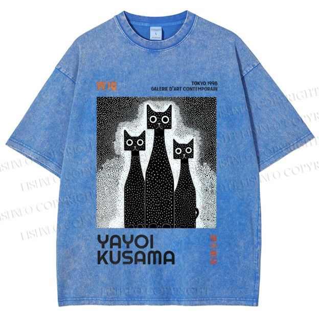 Unisex Yayoi Kusama Cat Printed Washed Tee