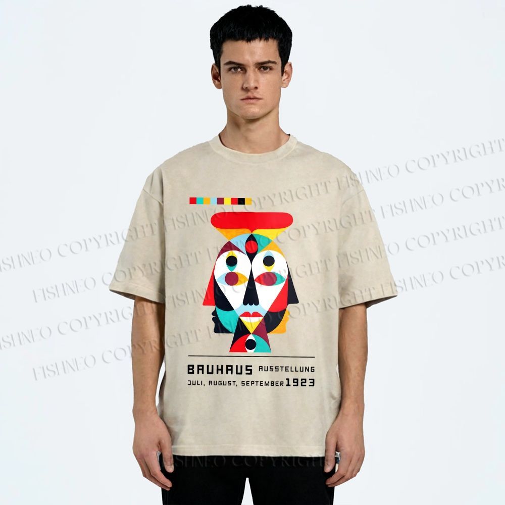 Unisex Bauhaus Geometric Artistic Face Printed Washed Tee