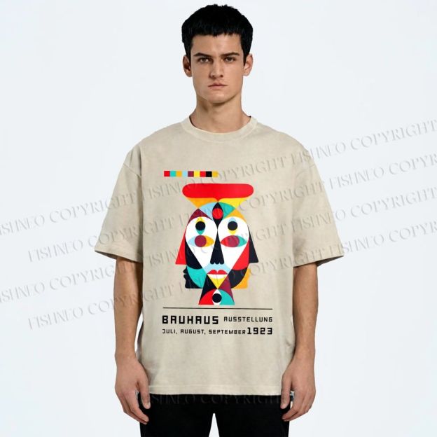 Unisex Bauhaus Geometric Artistic Face Printed Washed Tee