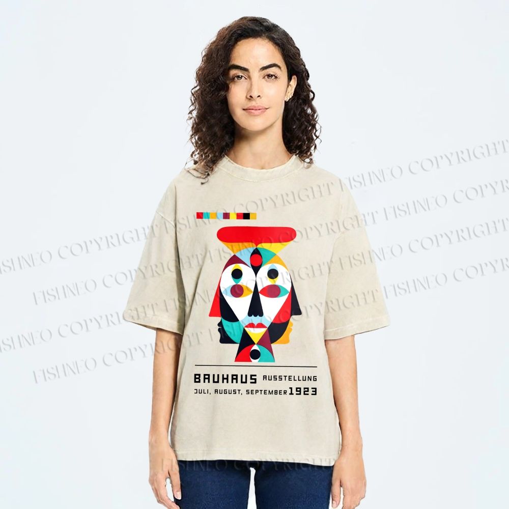 Unisex Bauhaus Geometric Artistic Face Printed Washed Tee