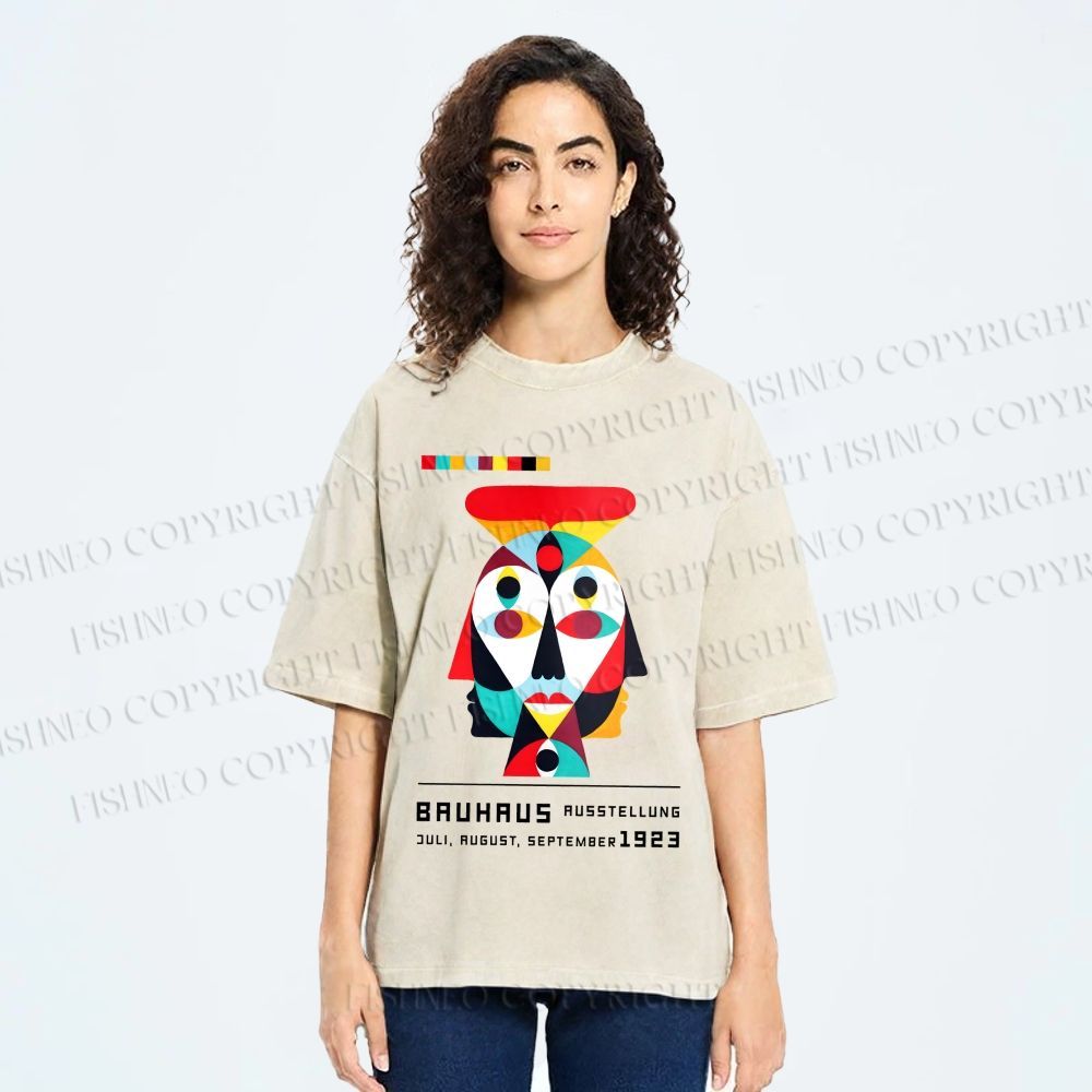 Unisex Bauhaus Geometric Artistic Face Printed Washed Tee