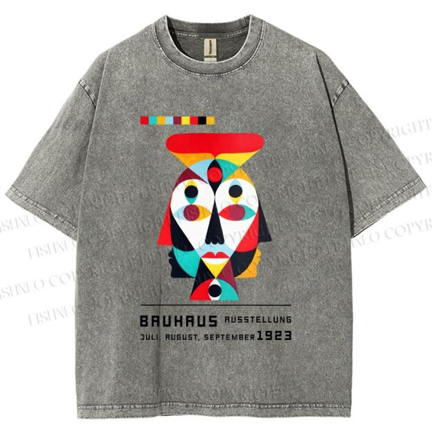 Unisex Bauhaus Geometric Artistic Face Printed Washed Tee