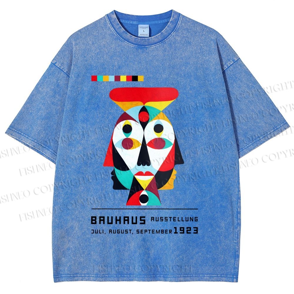 Unisex Bauhaus Geometric Artistic Face Printed Washed Tee
