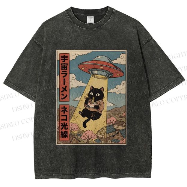 Unisex UFO Black Cat Having Ramen Printed Washed Tee
