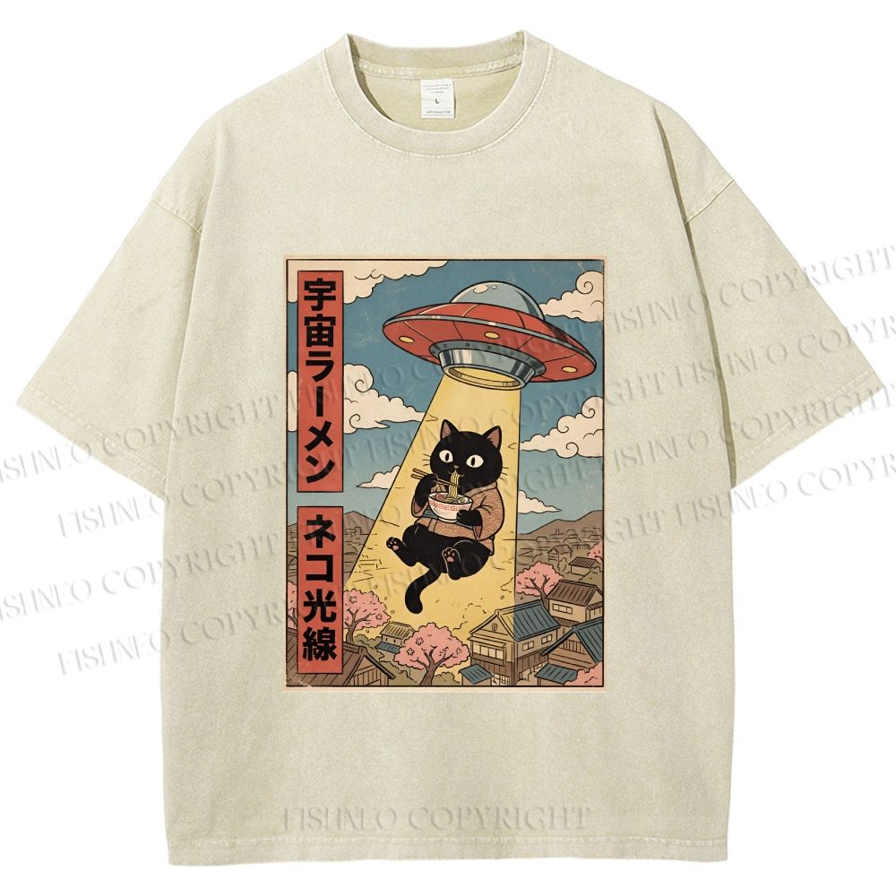 Unisex UFO Black Cat Having Ramen Printed Washed Tee