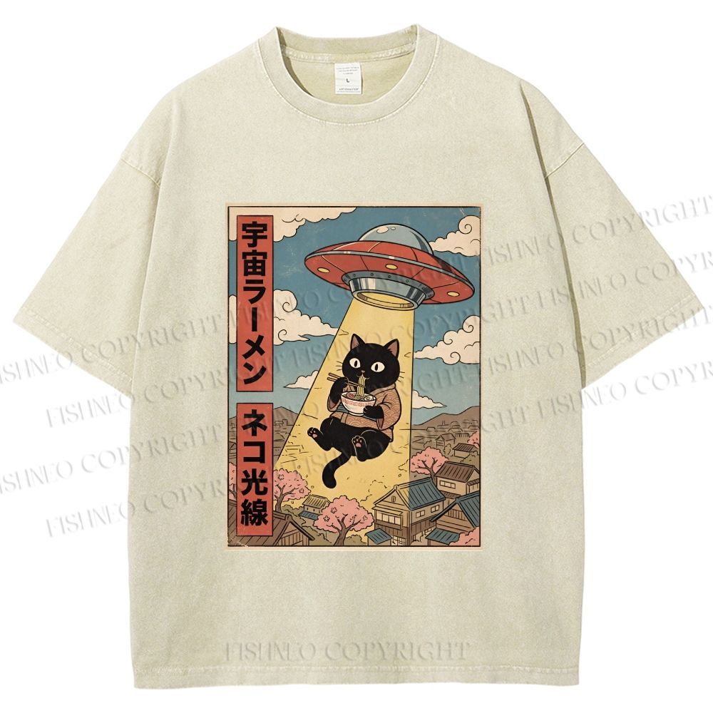 Unisex UFO Black Cat Having Ramen Printed Washed Tee