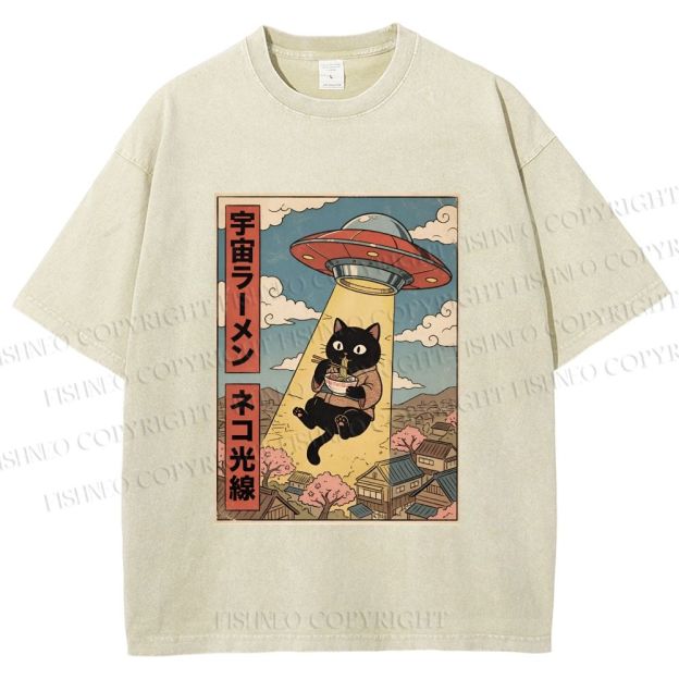 Unisex UFO Black Cat Having Ramen Printed Washed Tee
