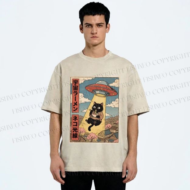 Unisex UFO Black Cat Having Ramen Printed Washed Tee