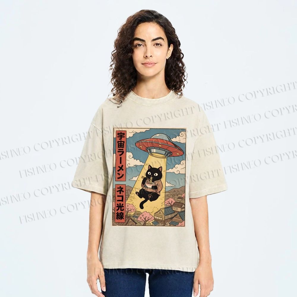 Unisex UFO Black Cat Having Ramen Printed Washed Tee
