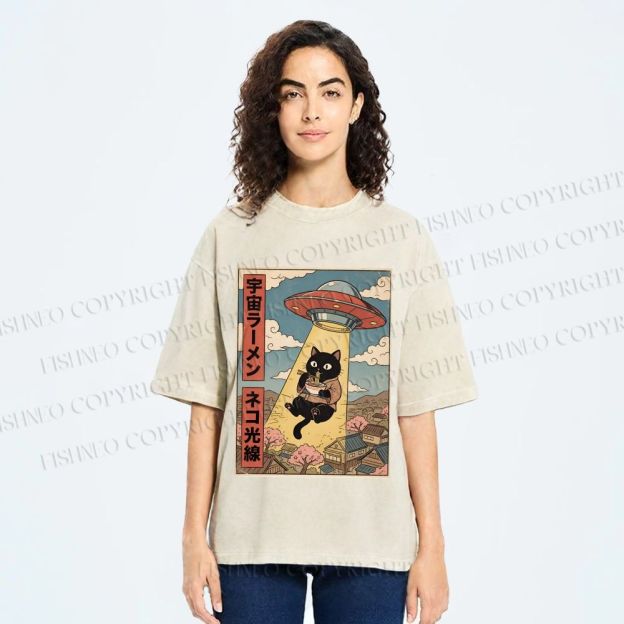Unisex UFO Black Cat Having Ramen Printed Washed Tee