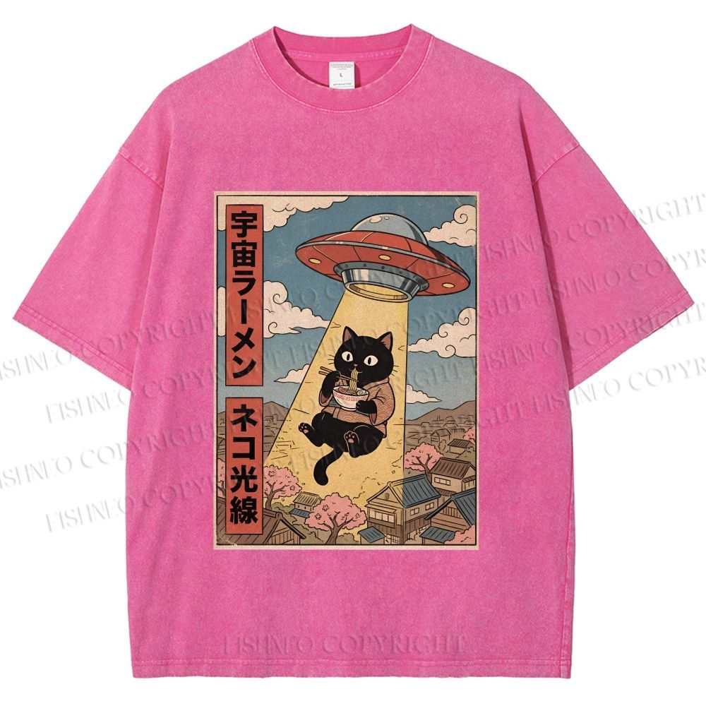 Unisex UFO Black Cat Having Ramen Printed Washed Tee