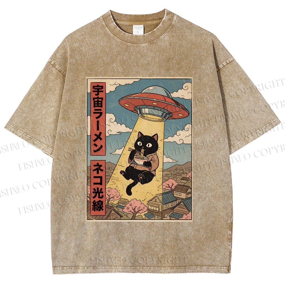 Unisex UFO Black Cat Having Ramen Printed Washed Tee