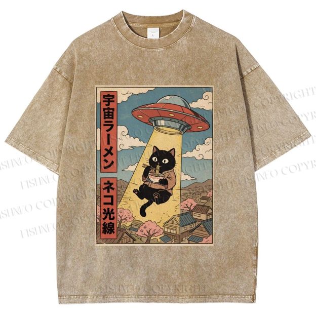 Unisex UFO Black Cat Having Ramen Printed Washed Tee