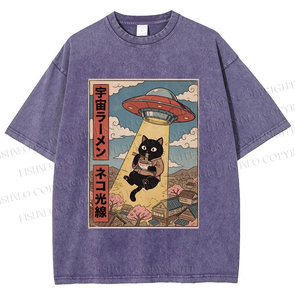 Unisex UFO Black Cat Having Ramen Printed Washed Tee