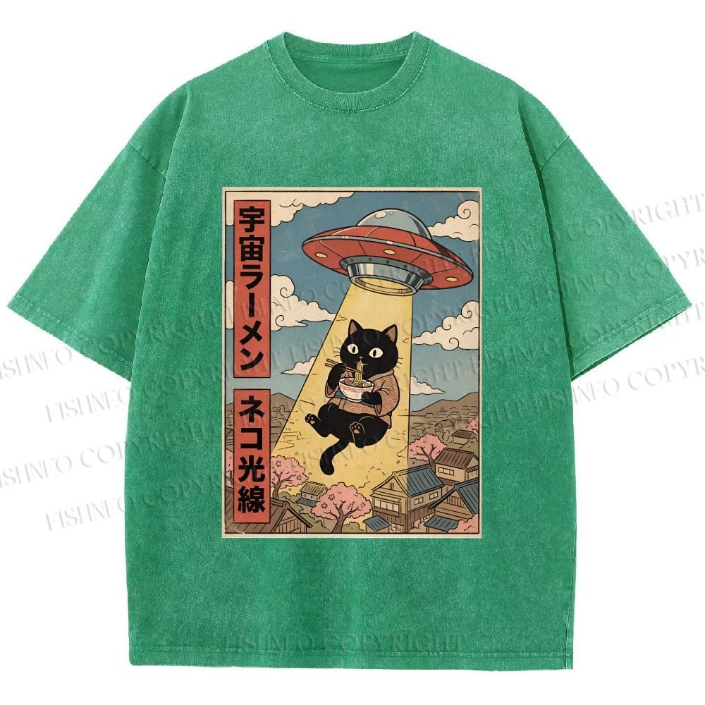 Unisex UFO Black Cat Having Ramen Printed Washed Tee
