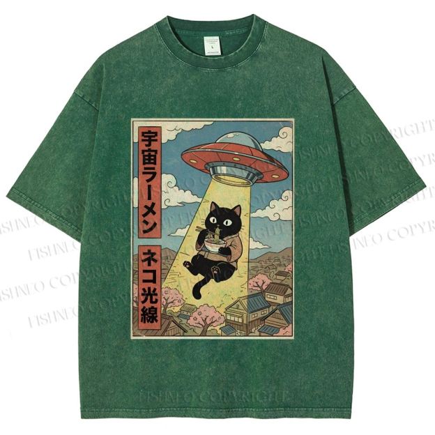Unisex UFO Black Cat Having Ramen Printed Washed Tee