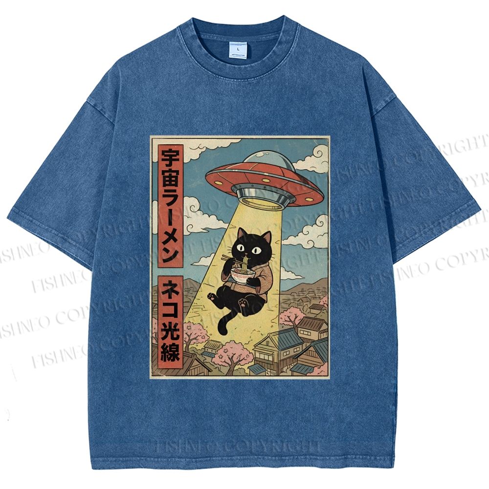 Unisex UFO Black Cat Having Ramen Printed Washed Tee
