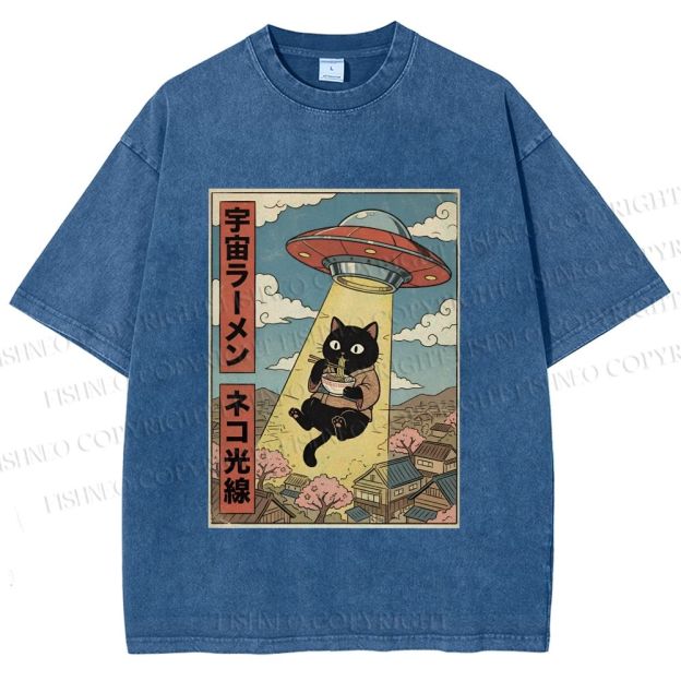 Unisex UFO Black Cat Having Ramen Printed Washed Tee