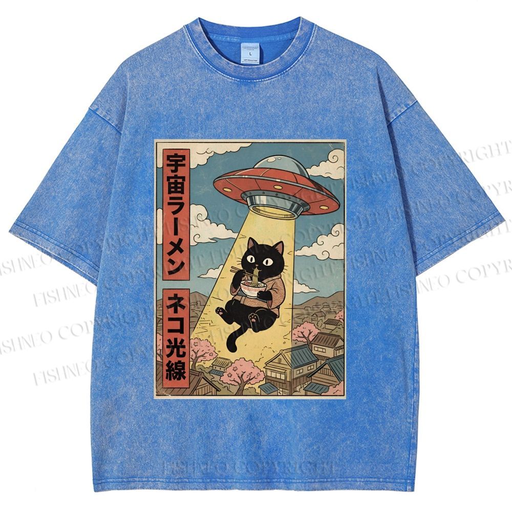 Unisex UFO Black Cat Having Ramen Printed Washed Tee
