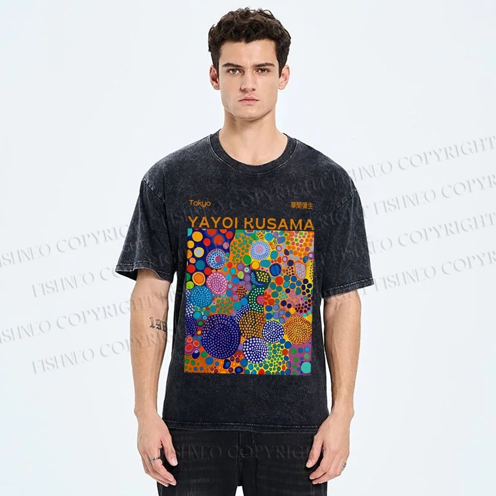 Unisex Yayoi Kusama Multicolor Dots Printed Washed Tee