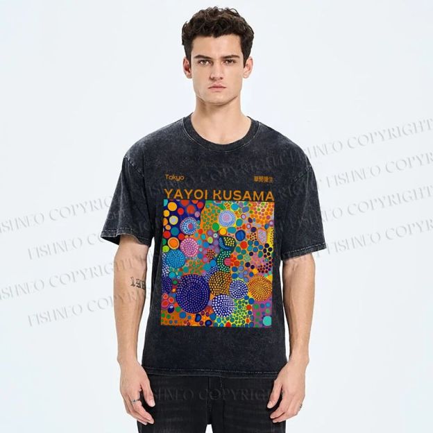 Unisex Yayoi Kusama Multicolor Dots Printed Washed Tee