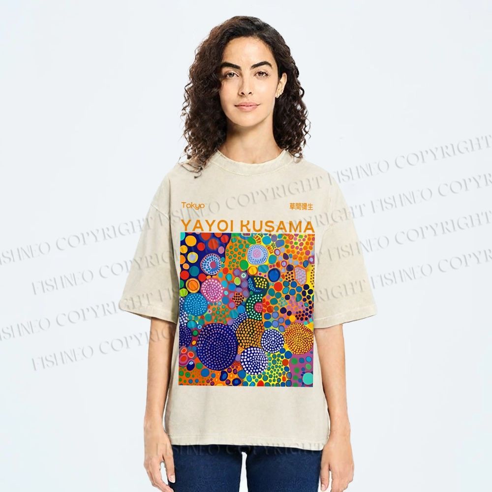 Unisex Yayoi Kusama Multicolor Dots Printed Washed Tee