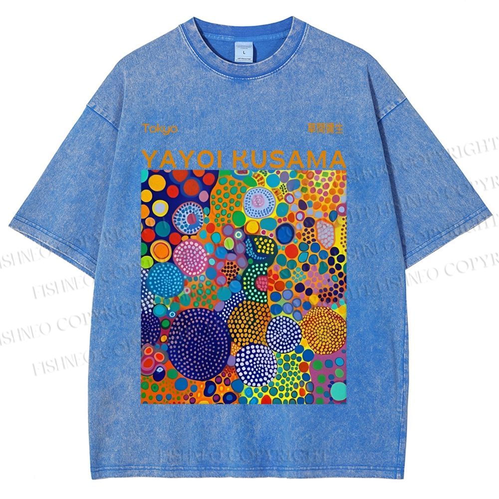 Unisex Yayoi Kusama Multicolor Dots Printed Washed Tee