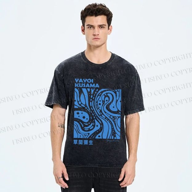 Unisex Yayoi Kusama Blue River Line Graffiti Printed Washed Tee
