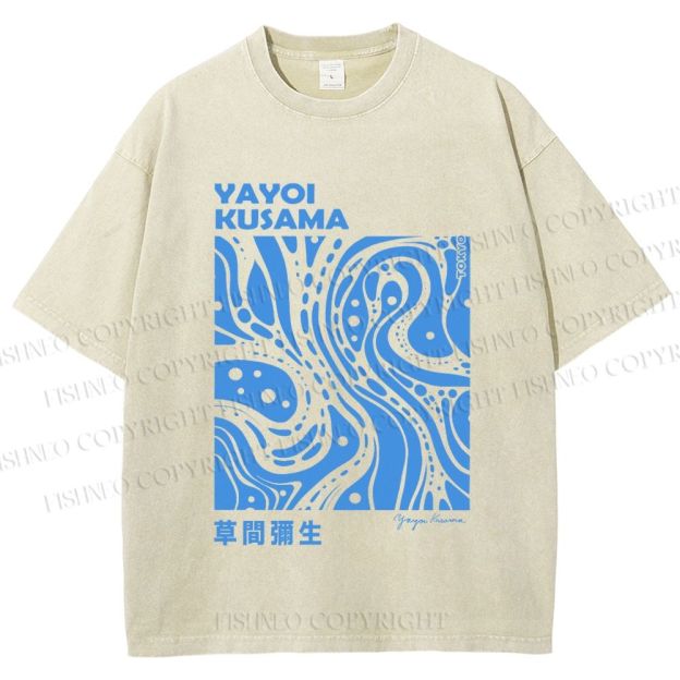 Unisex Yayoi Kusama Blue River Line Graffiti Printed Washed Tee